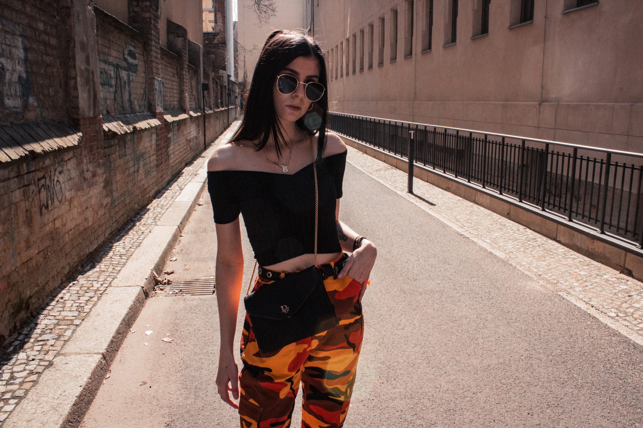 hypebae outfit: off shoulder top and camo pants - ohwyouknow